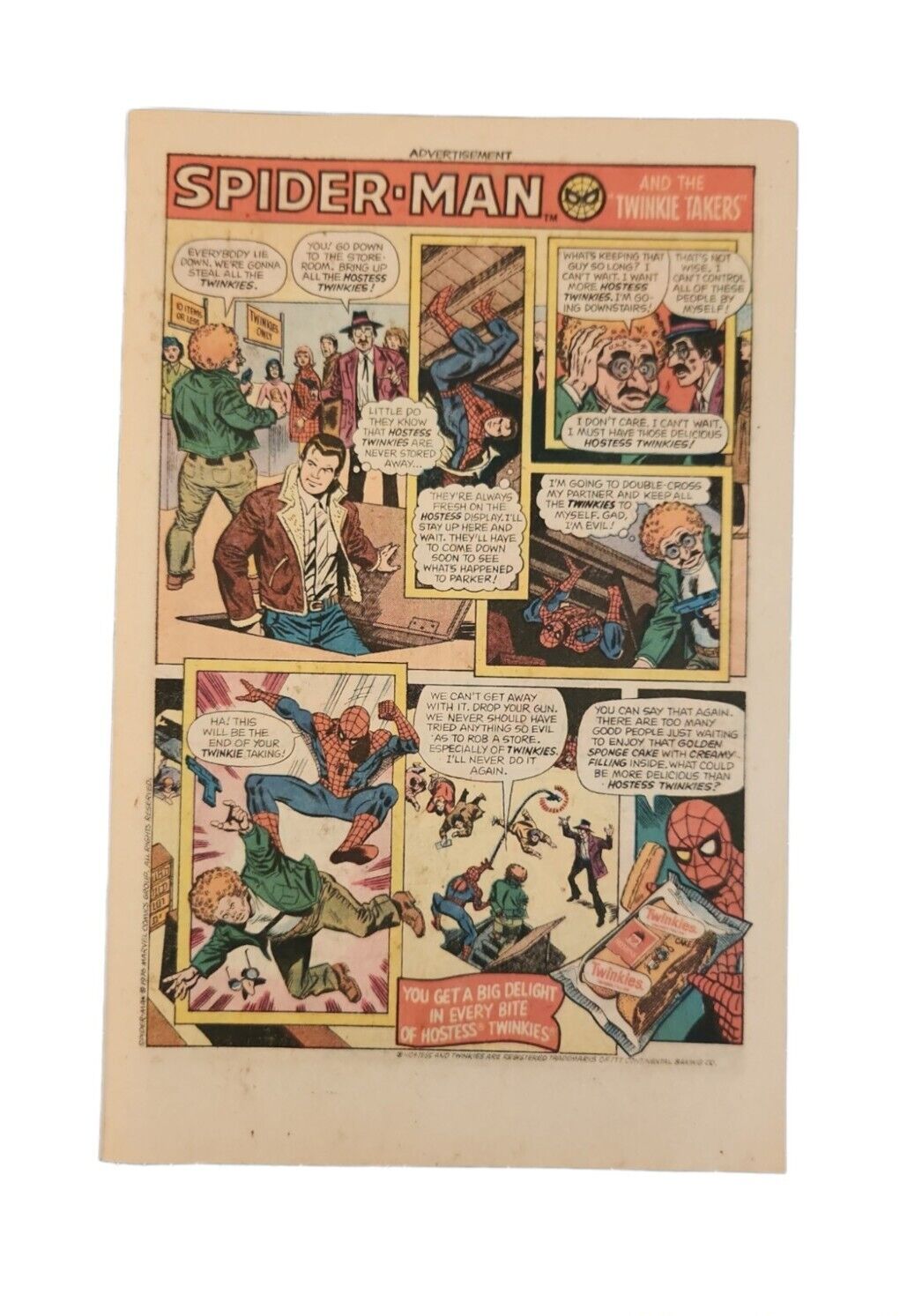 Vintage 1976 SPIDER-MAN & THE TWINKIE TAKERS PRINT AD Marvel HOSTESS TWINKIES 