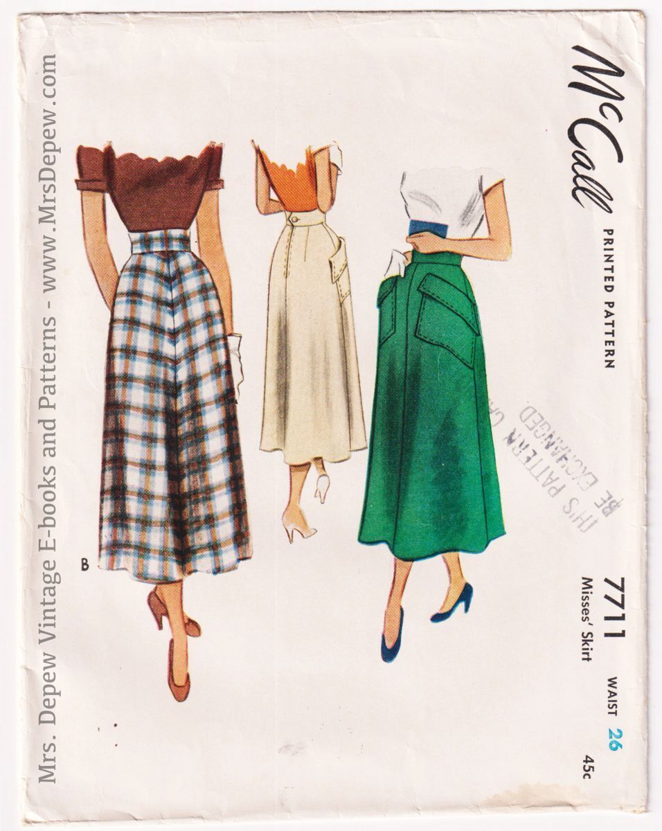 1940s 1950s Vintage Sewing Pattern Misses\' Skirt with Large Pockets McCall 7711