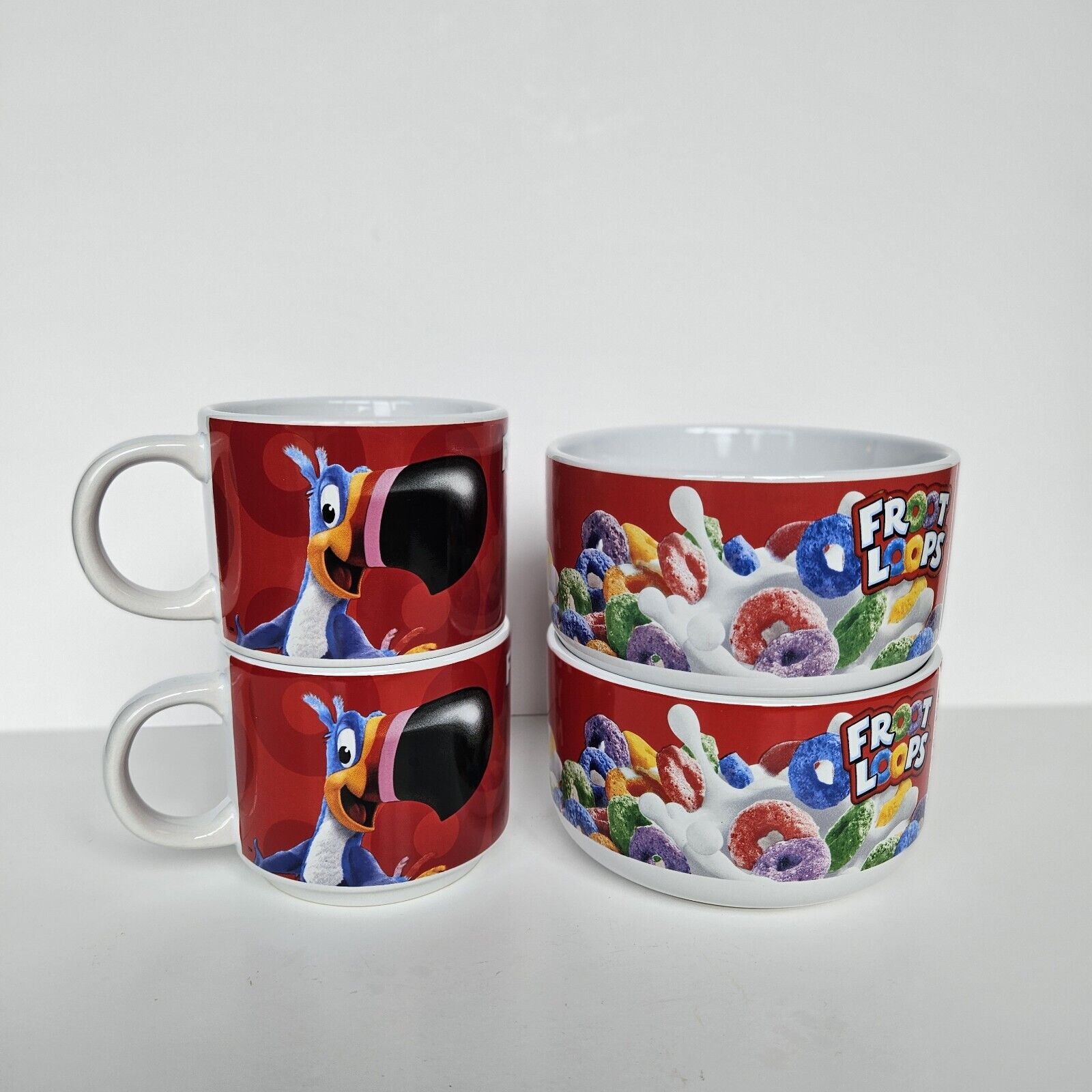 Kelloggs Fruit Loops Coffee Mugs and Bowls Glass Toucan Sam Cereal Set of 4