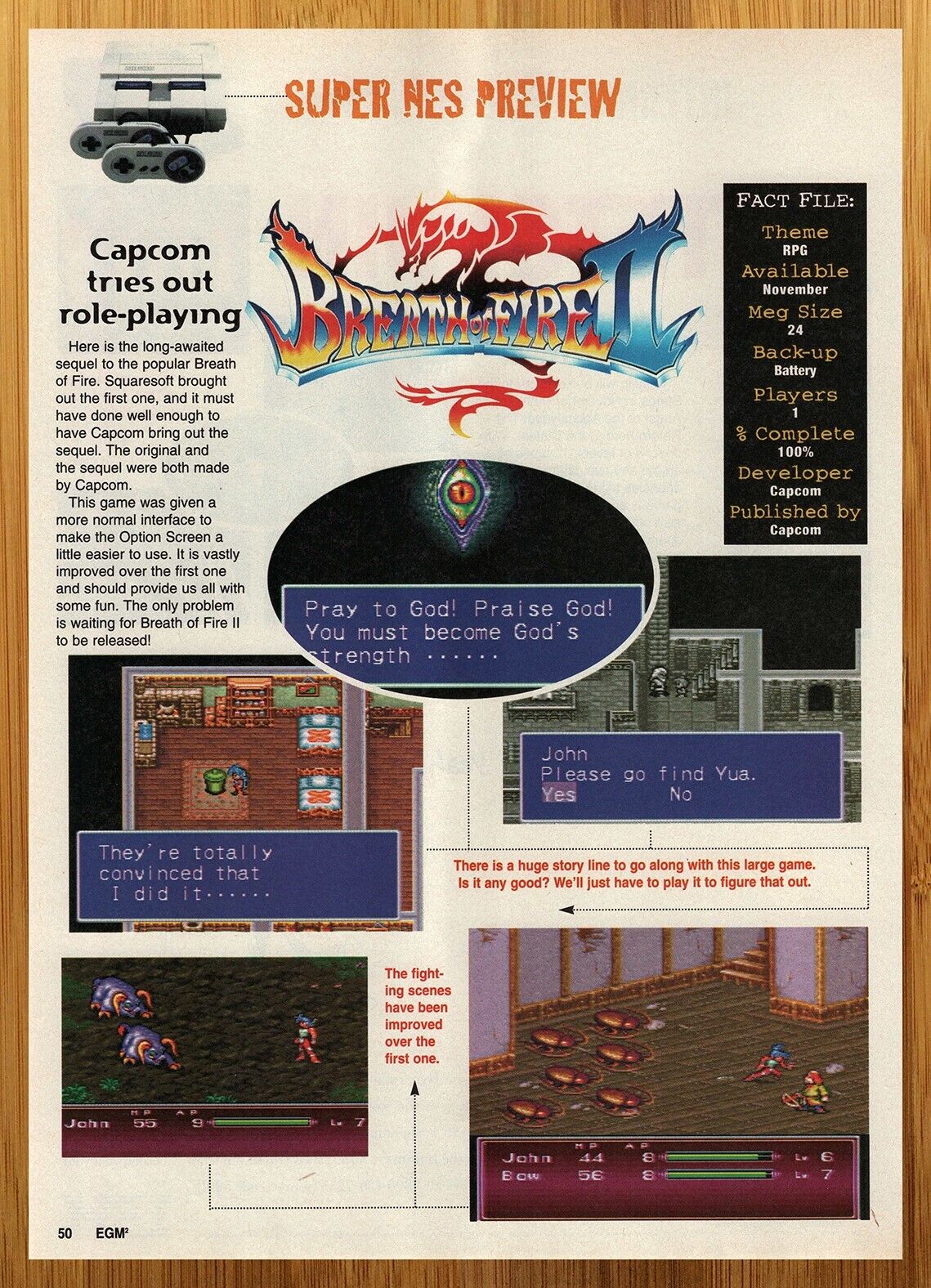 1995 Breath of Fire II 2 SNES PREVIEW Print Ad/Poster Vintage Video Game Art 90s