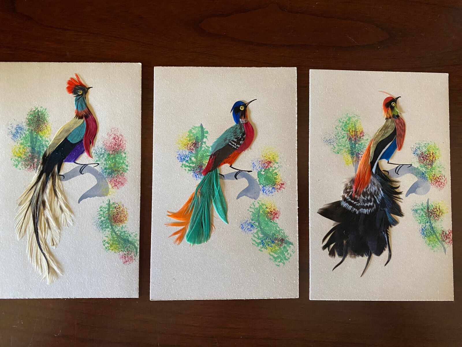 Lot of 4 Vintage Bird Paintings - Real Feathers - LOT OF 3