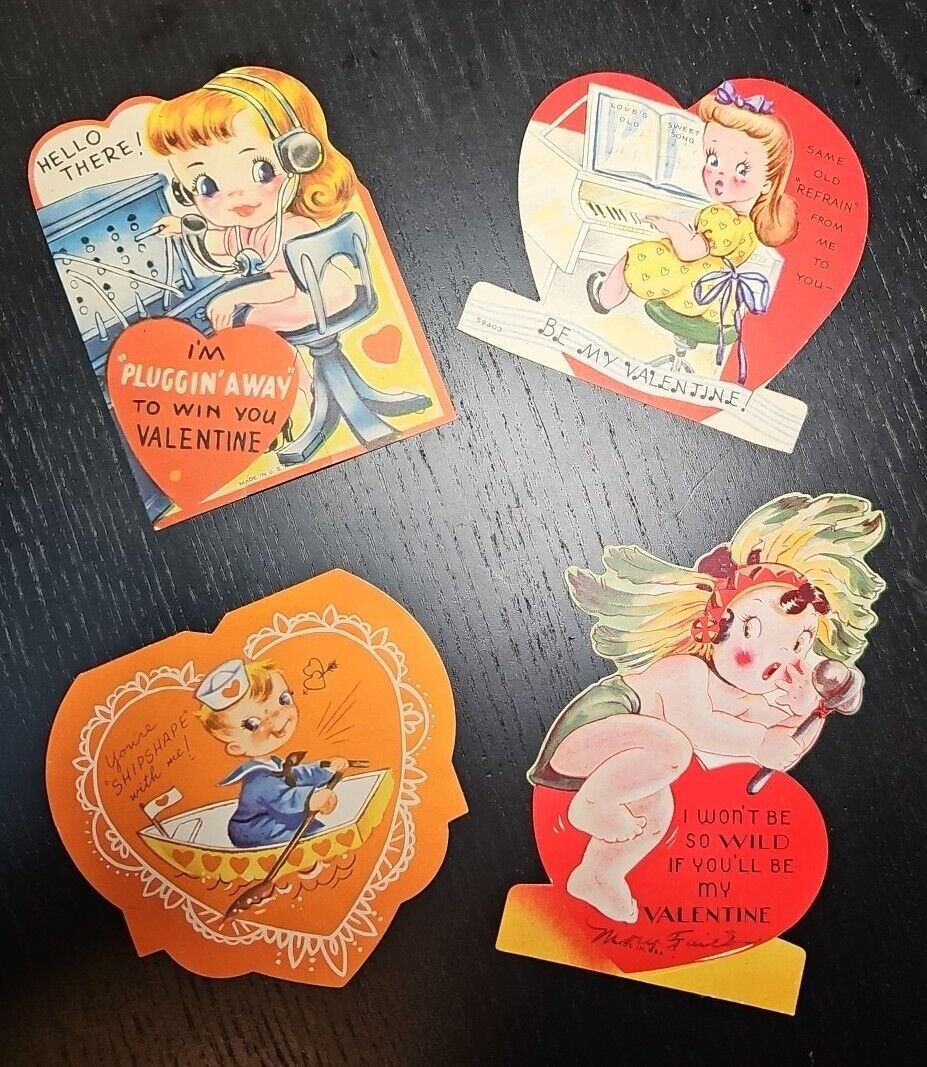 Vintage 1950s Valentines Greeting Cards Lot of 4 Sailor Boy Telephone Operator