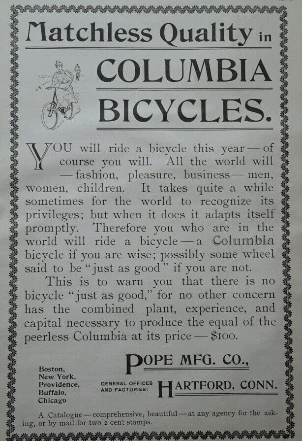 original 1895 ad Pope Manufacturing COLUMBIA BICYCLE bike Hartford CT 
