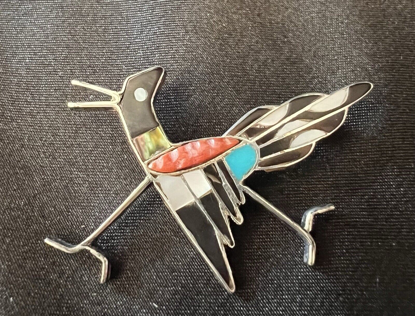 Vintage Zuni Inlay Roadrunner Pin Sterling Turquoise, Coral, Abalone & Onyx