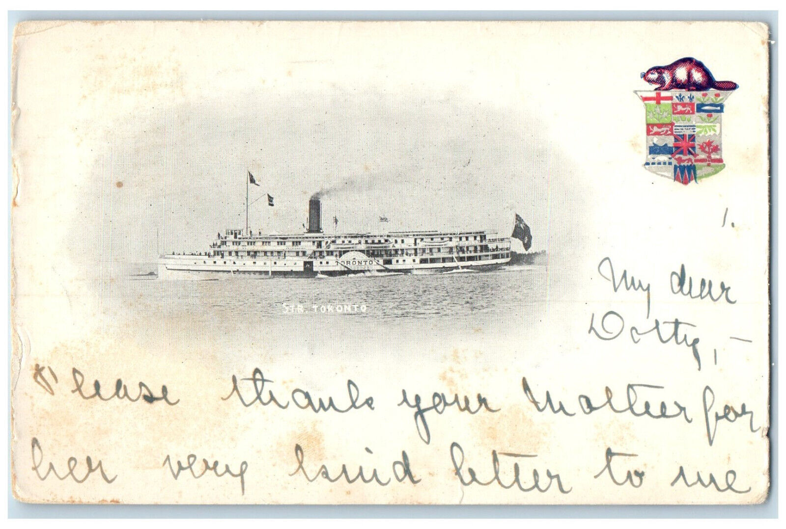 c1905 Steamer Toronto with Flag and Passengers Ontario Canada Postcard