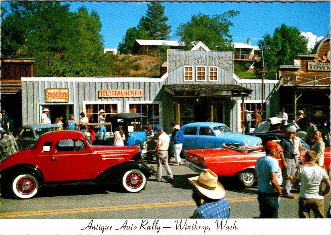 Winthrop, WA Washington  ANTIQUE AUTO RALLY White Line Donuts/Cars 4X6 Postcard