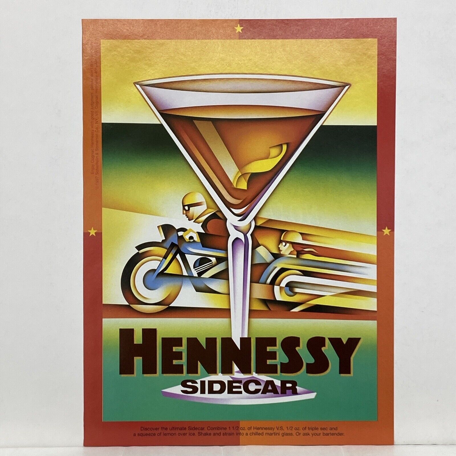 1998 Hennessy Cognac Print Ad Sidecar Drink Recipe Motorcycle Graphic Art Promo