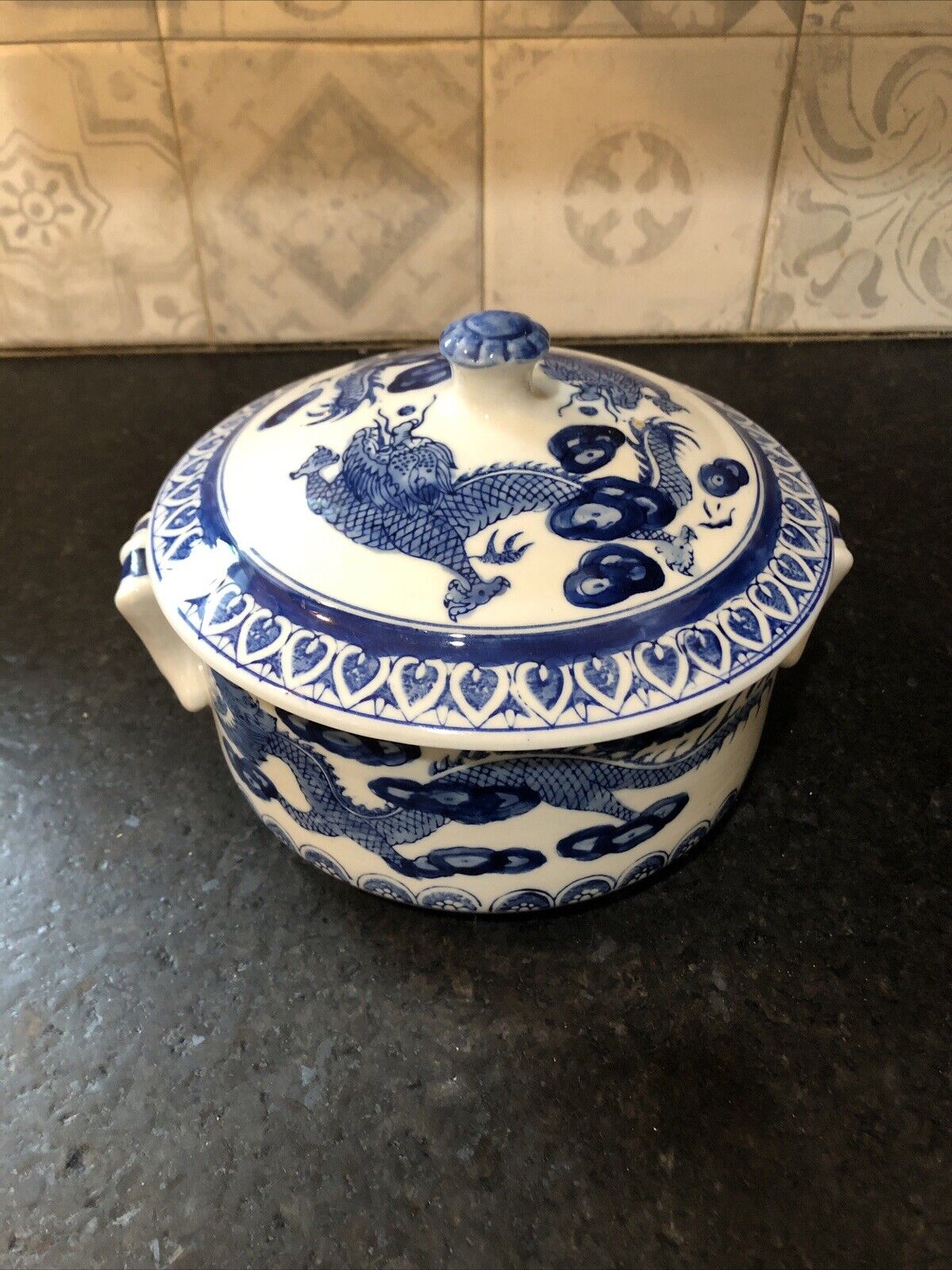 Blue and White Casserole with Dragons.