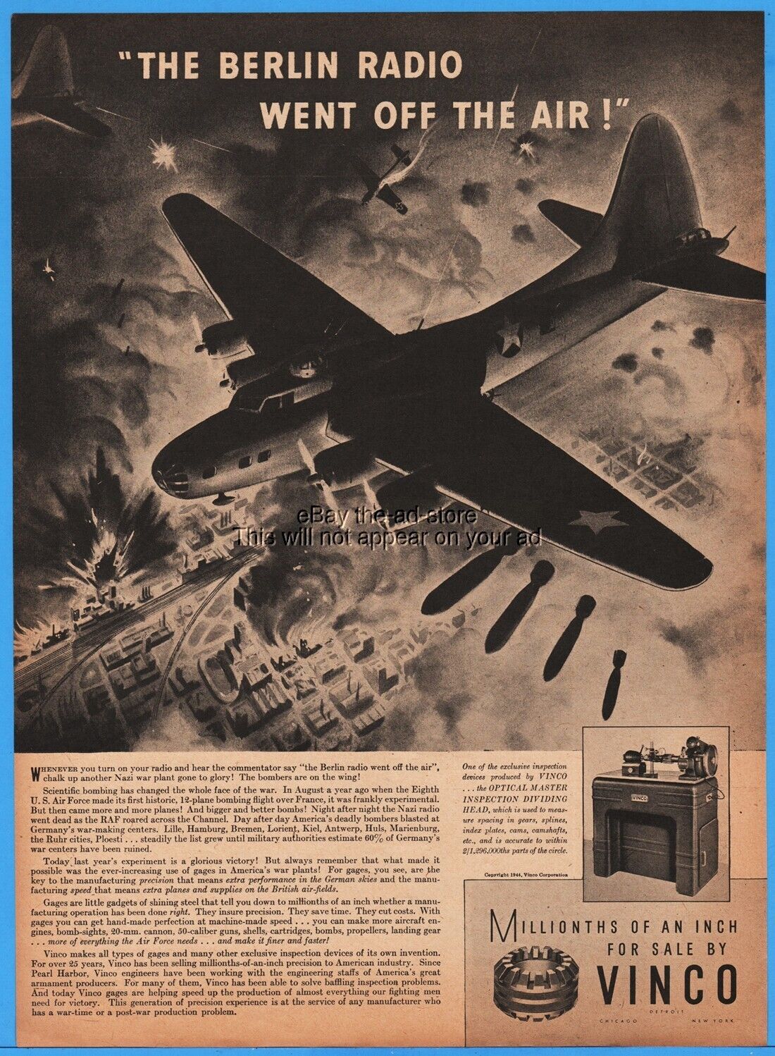 1944 Vinco WW II Bomber art Berlin Germany bombing Eighth US Air Force ad