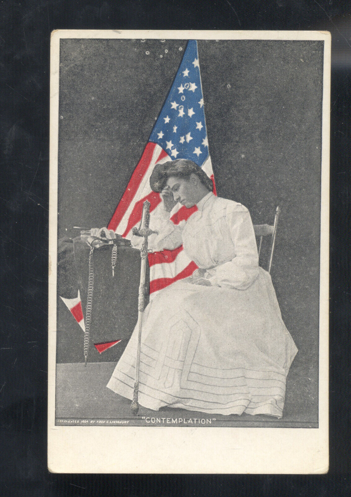 PRETTY WOMAN WHITE DRESS US FLAG VINTAGE PATRIOTIC POSTCARD CONTEMPLATION