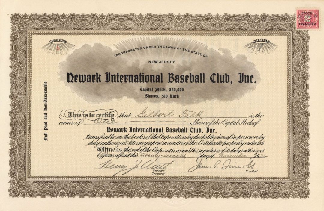 Newark International Baseball Club, Inc. - 1931 dated Stock Certificate - Sports