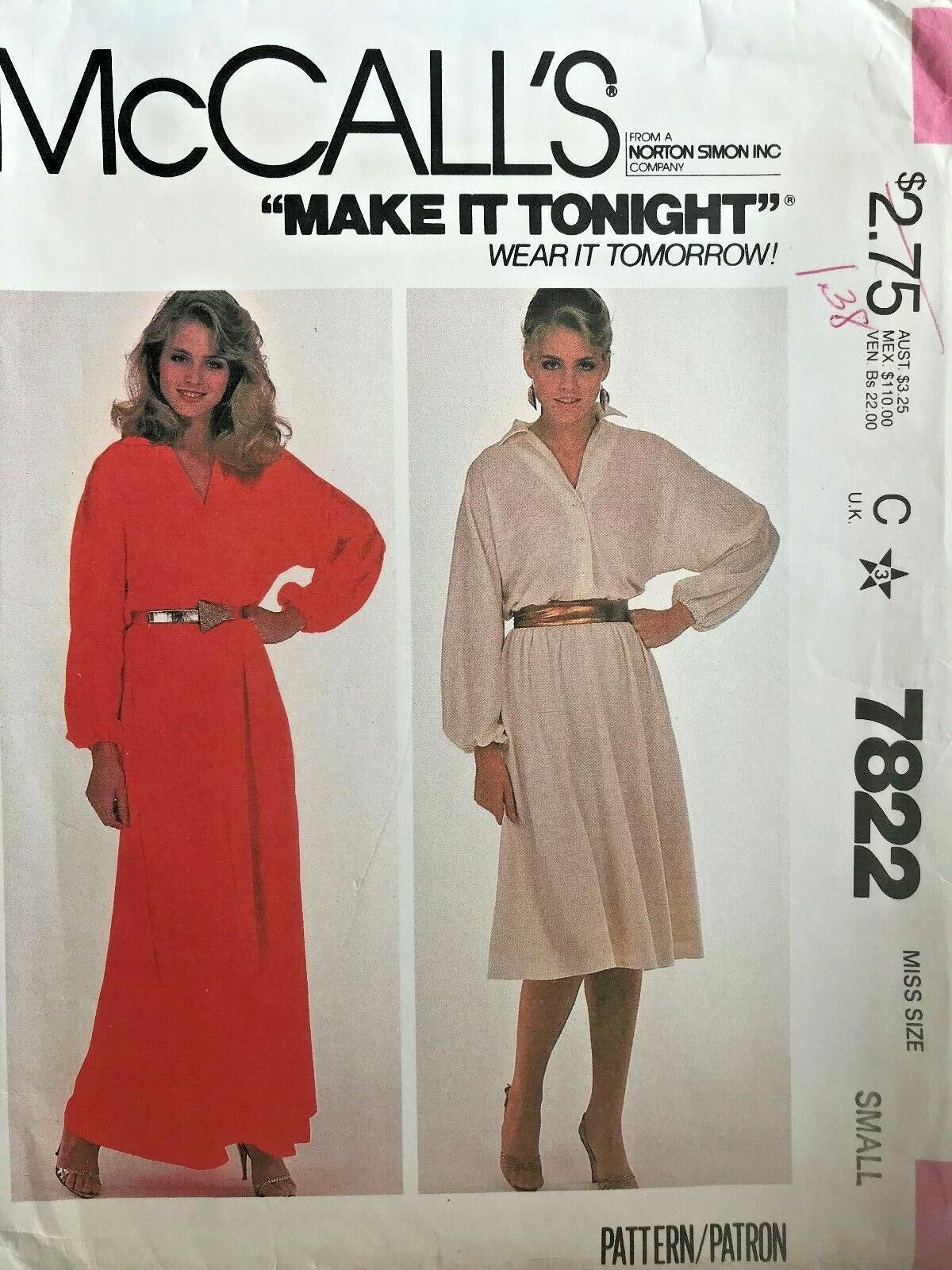1980's McCall's Misses' Dress Pattern 7822 Size S UNCUT
