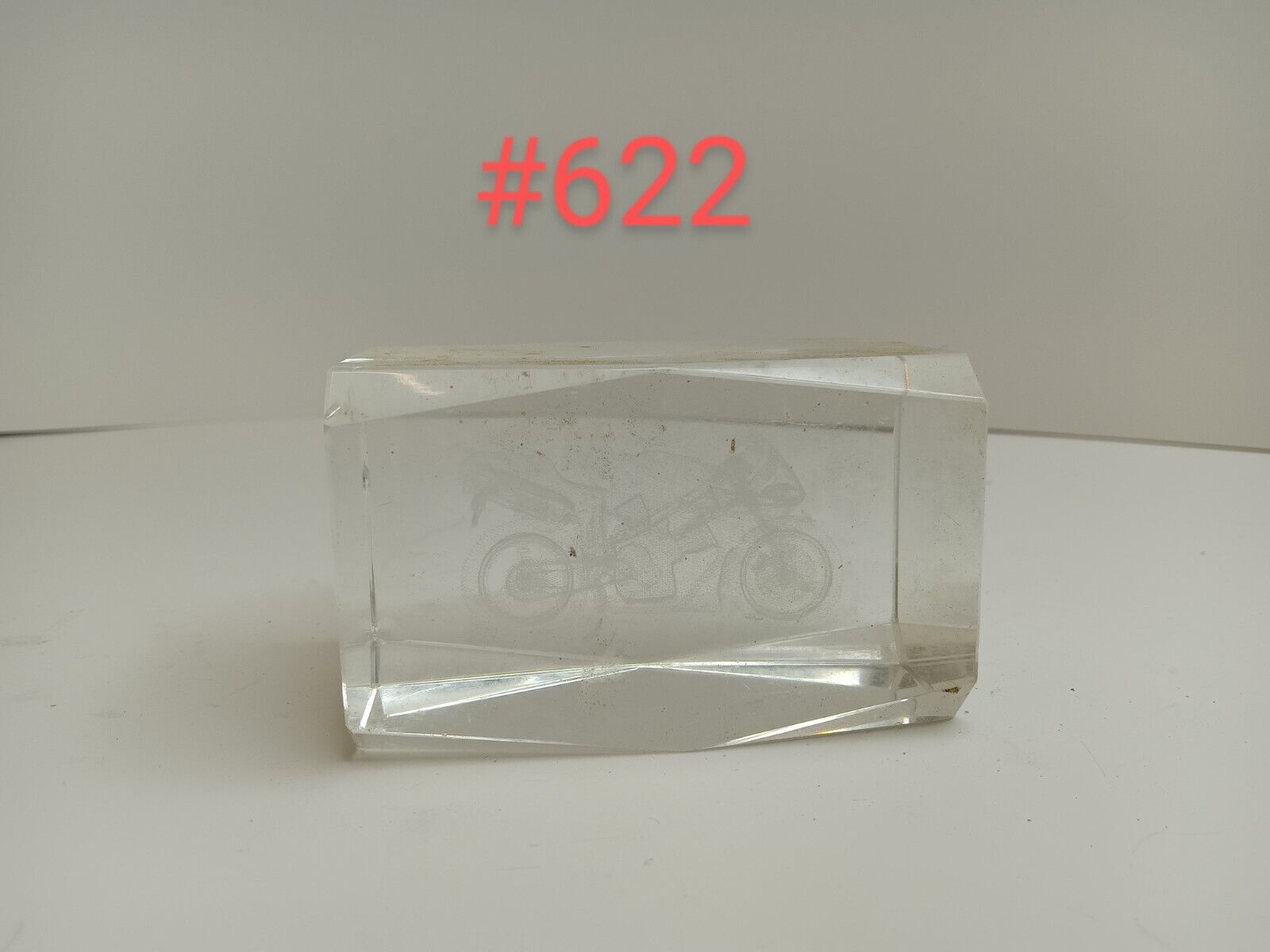 3D Laser Etched Clear Art Glass Paperweight Cube with 3-D Holographic Motorcycle