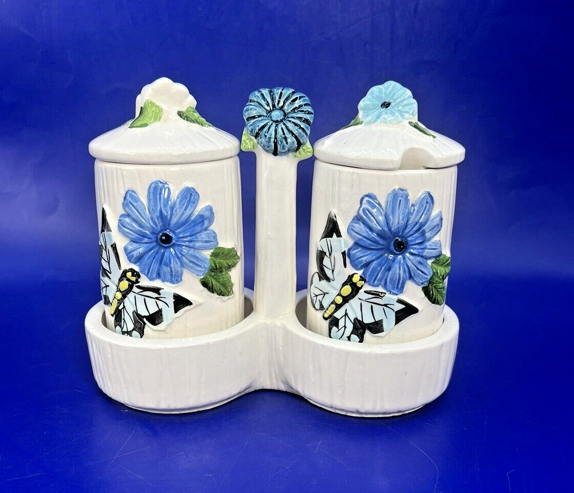 VTG Sears Ceramic Bewitching Butterflies JAM & JELLY Set Cottage Fairycore 1970s