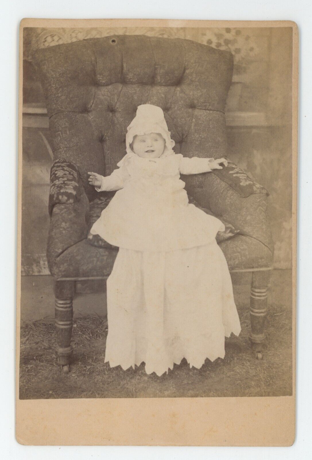 Antique Circa 1890s Cabinet Card Adorable Baby Wearing Long White Dress in Chair