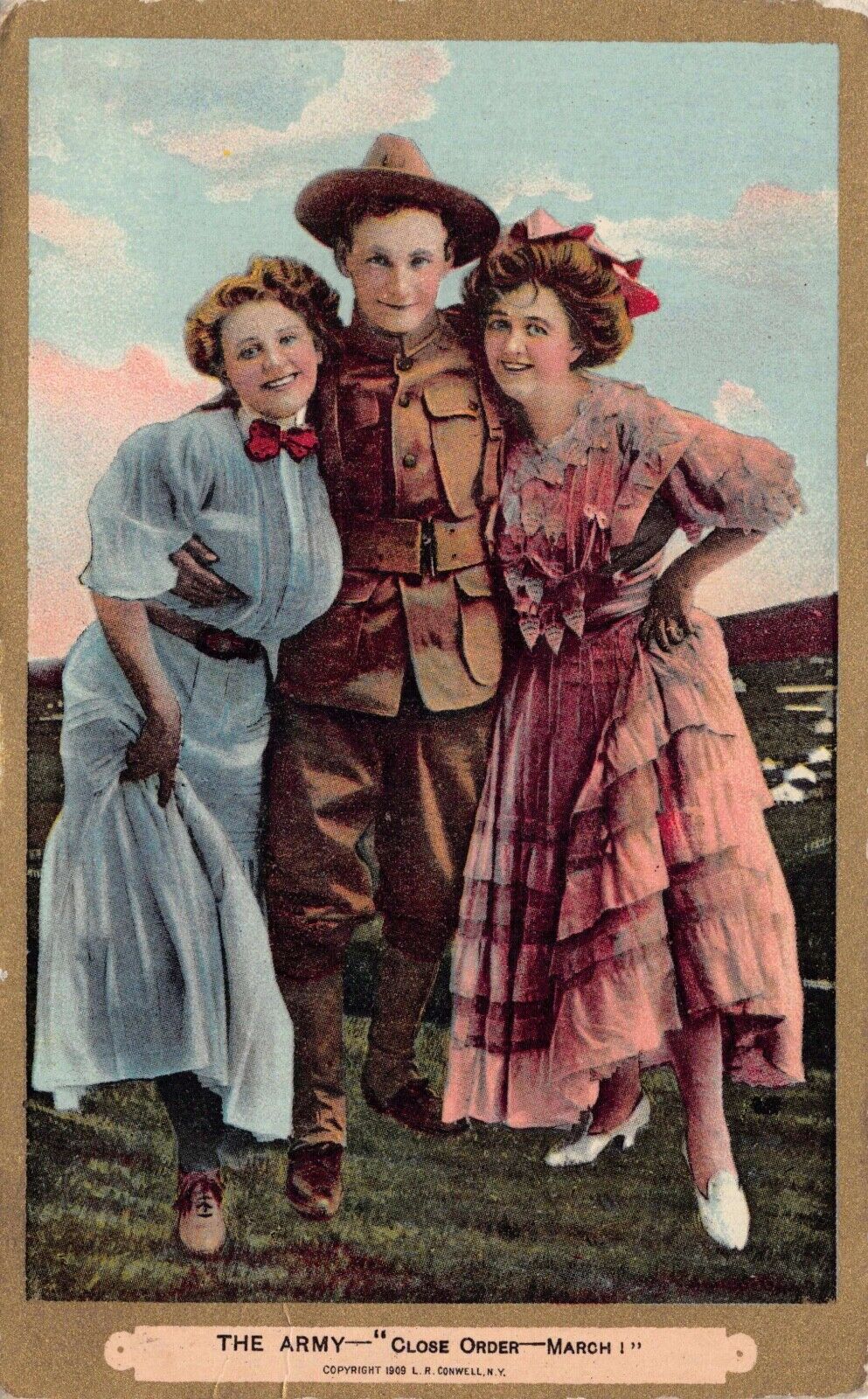 VTG Postcard US Army Soldier 2 Beautiful Women 1909 Fort Flagler WA Watson