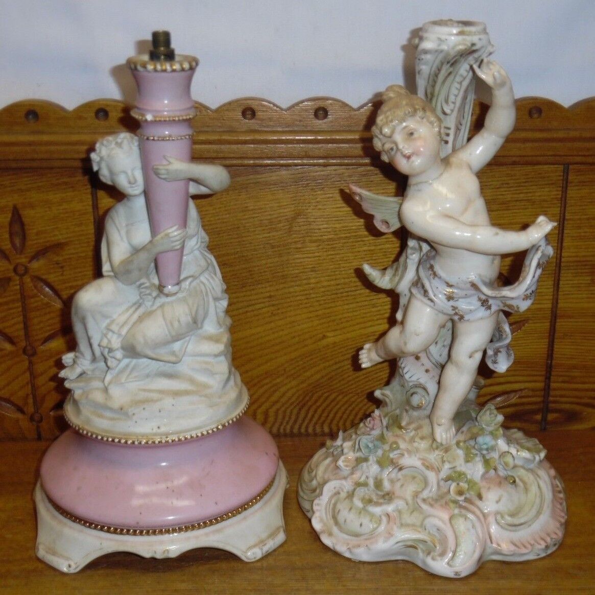 Two Antique / Early Porcelain Figural Compote Or Lamp Bases