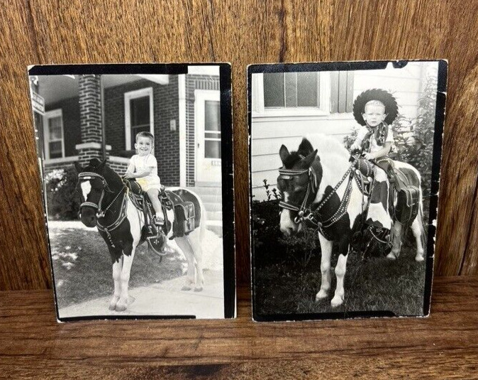 (Lot of 2) Vintage Photos of Child Riding Horse Boy Pony Old Photographs