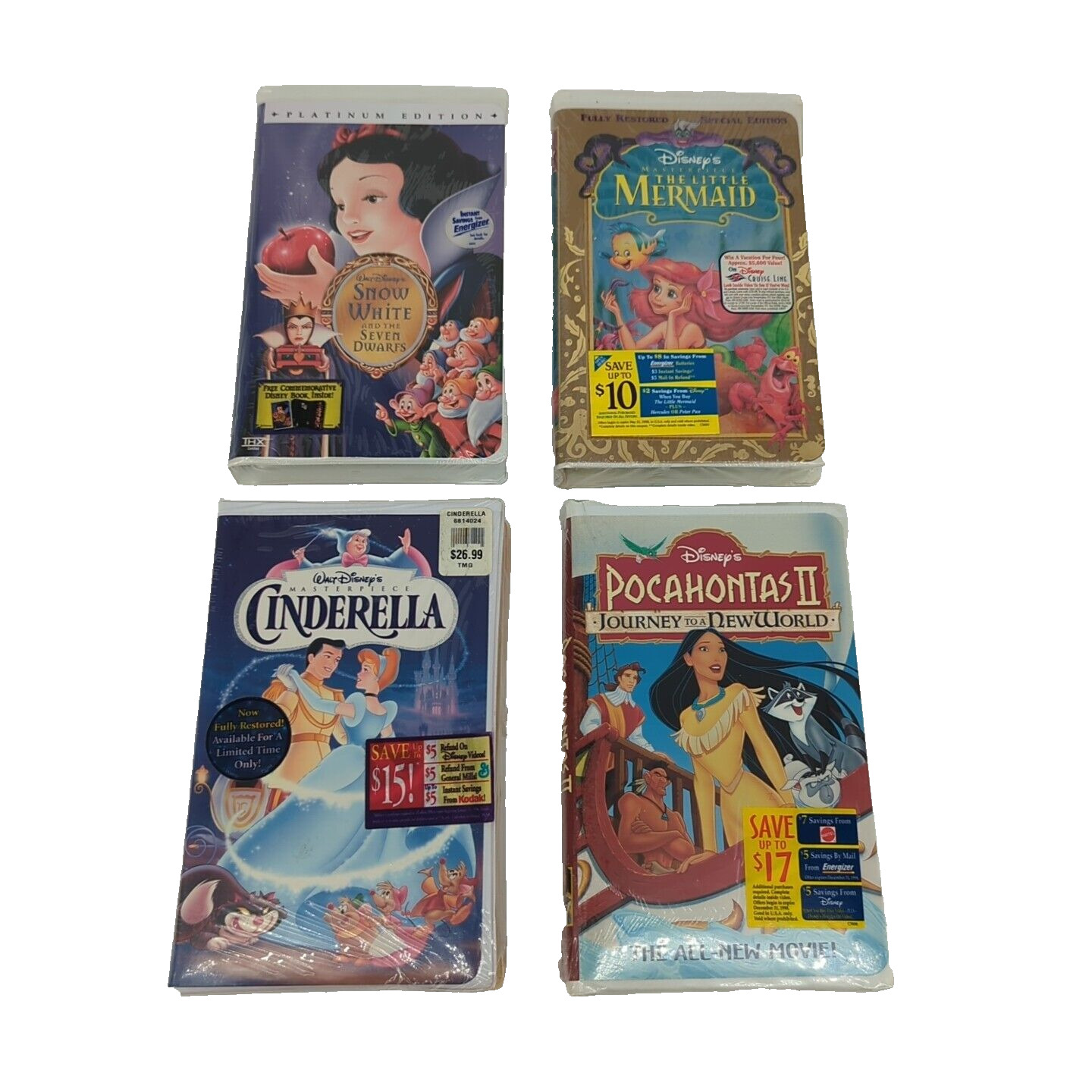 Lot of 4 Disney Princess VHS Snow Mermaid Cinderella Pocahontas Brand New Sealed