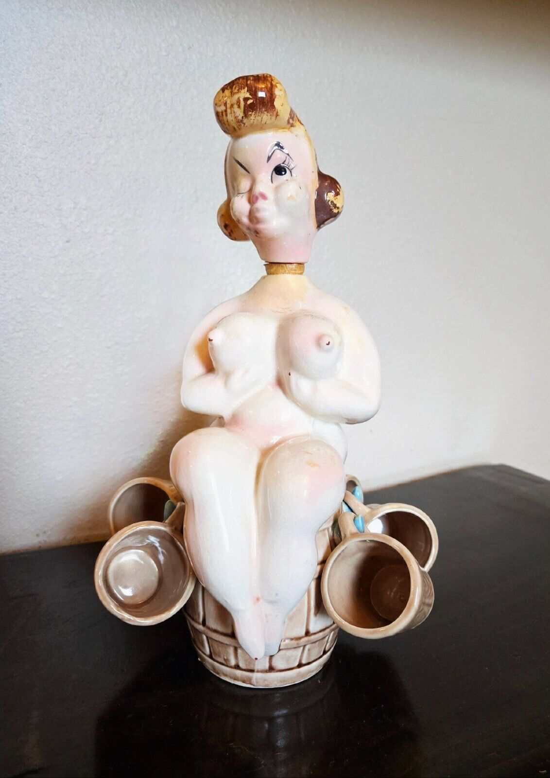 RARE Vintage 1950s Risque 'Naked Lady on Barrel' Decanter with 5 Cups / Japan