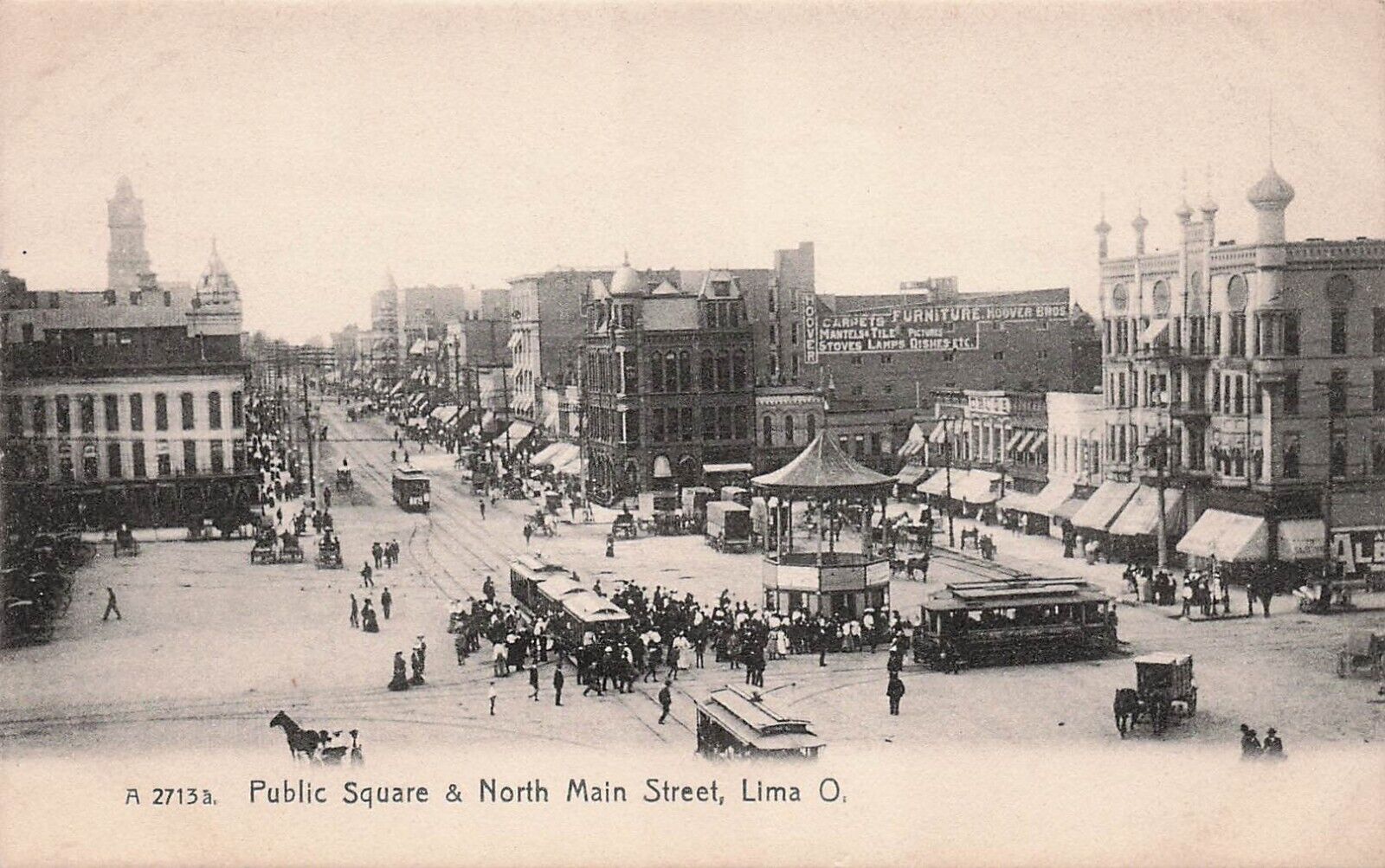 Lima Ohio Public Square Main Street Downtown Early 1900 Trolley Vtg Postcard E10