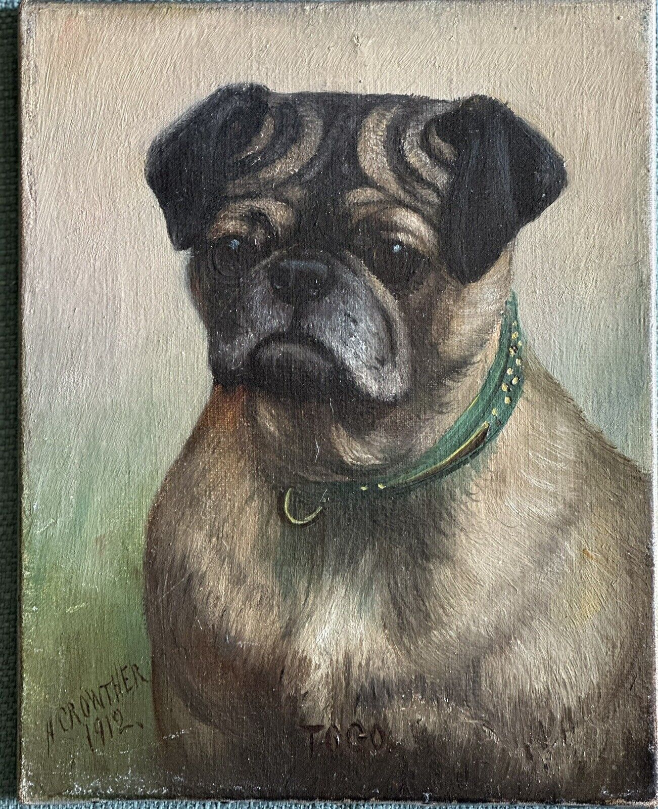 Antique Pug dog oil painting Henry Crowther 1912 “Togo”