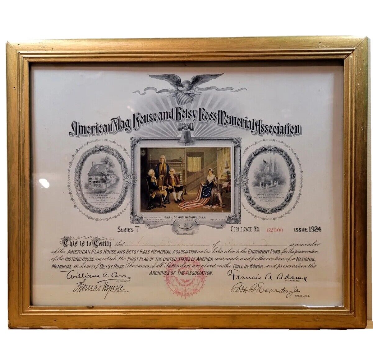 VTG. 1924 American Flag and Betsy Ross Memorial Association Framed Certificate 