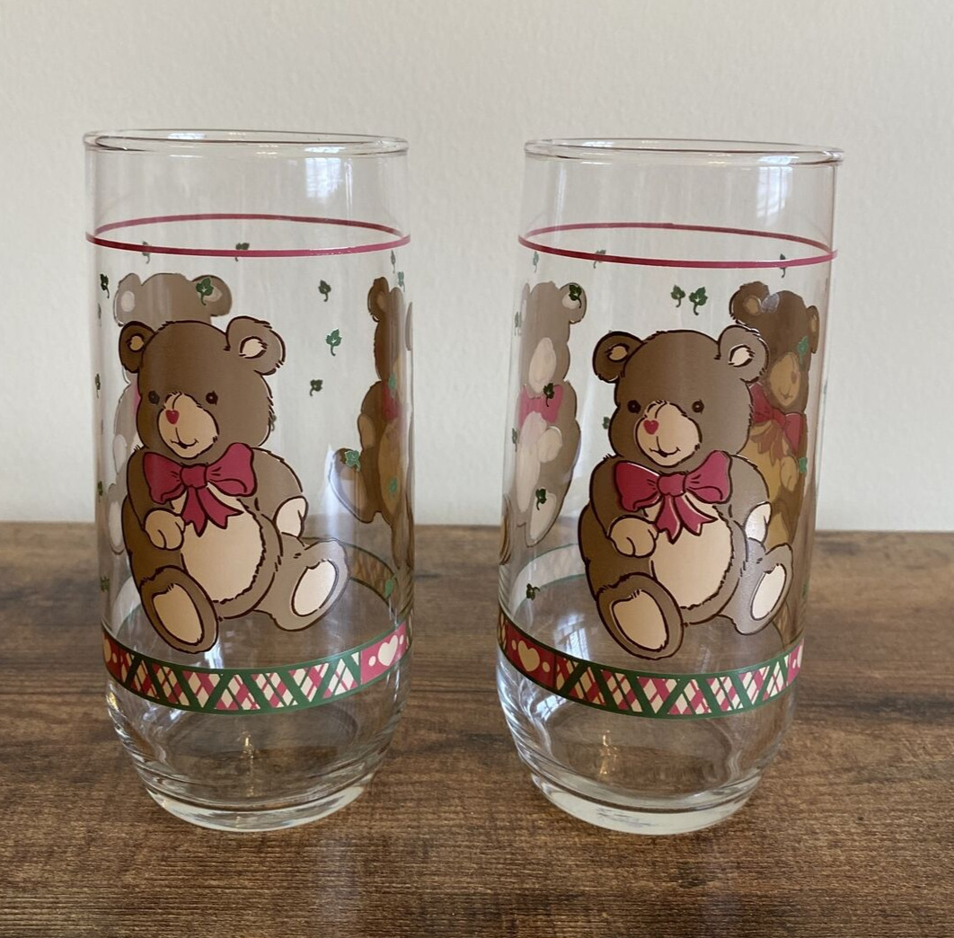 Vintage Libbey Brown Teddy Bear Drinking Glass Tumbler Rare Set Of 2