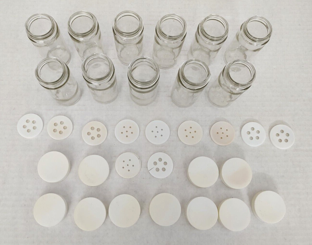 Vintage Copco Glass Spice Bottles/Jars White Lids Set of 11-Eleven-Shaker Tops