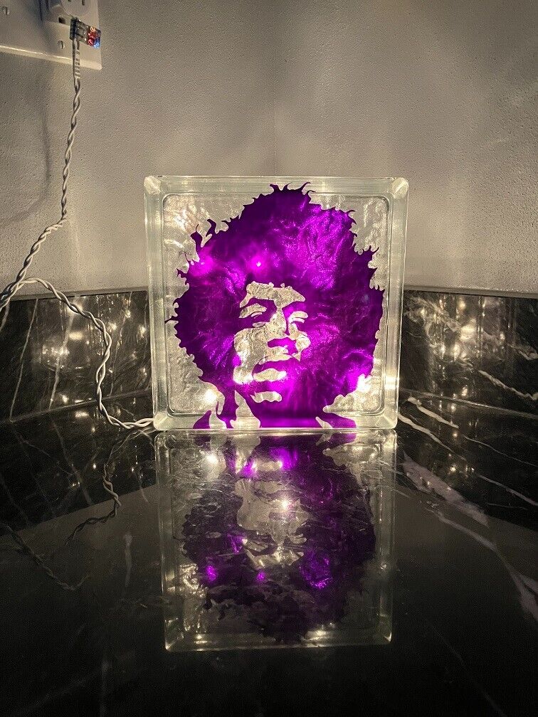 Jimi Hendrix Purple Haze Lighted Glass Block Decoration 7.75” X 7.75” X 3” gift 