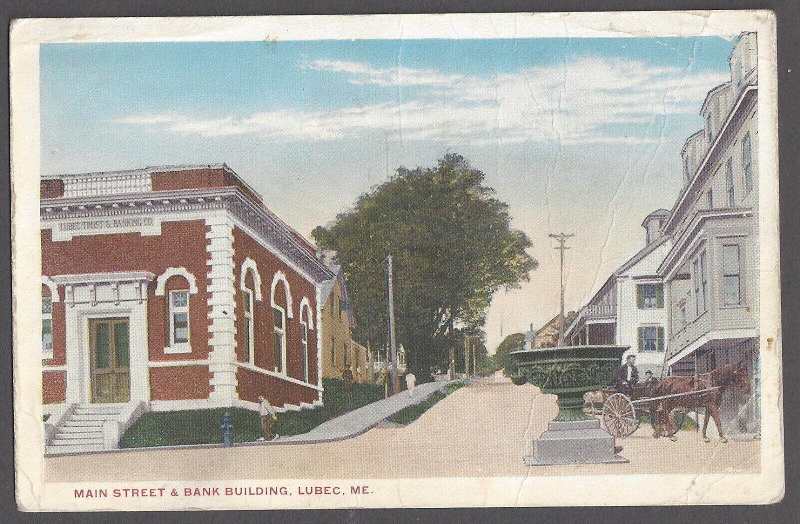 Main Street & Bank Building Lubec ME Postcard Horse and Buggy