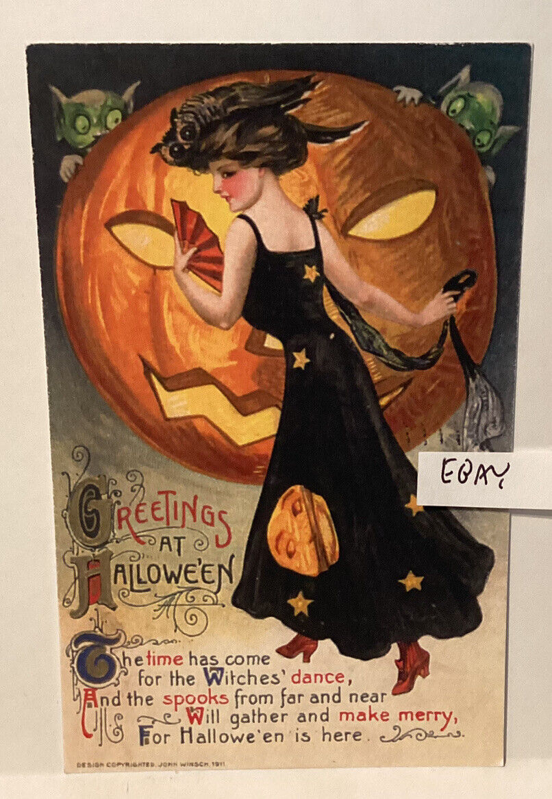Pretty Witch Owl Hat Goblins Giant Pumpkin John Winsch Halloween NEW POSTCARD