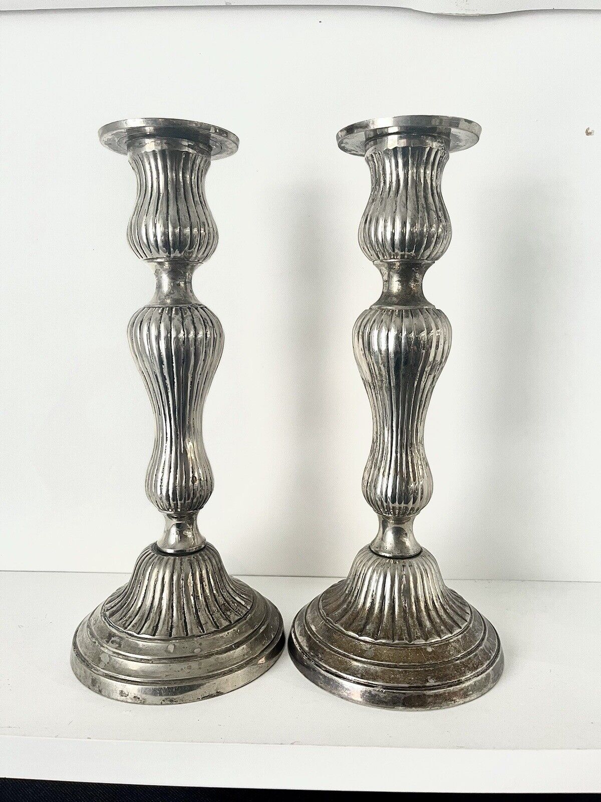 10” Pair Hosley Classic Collection Patina Pewter Silver Tone Candlestick Holders