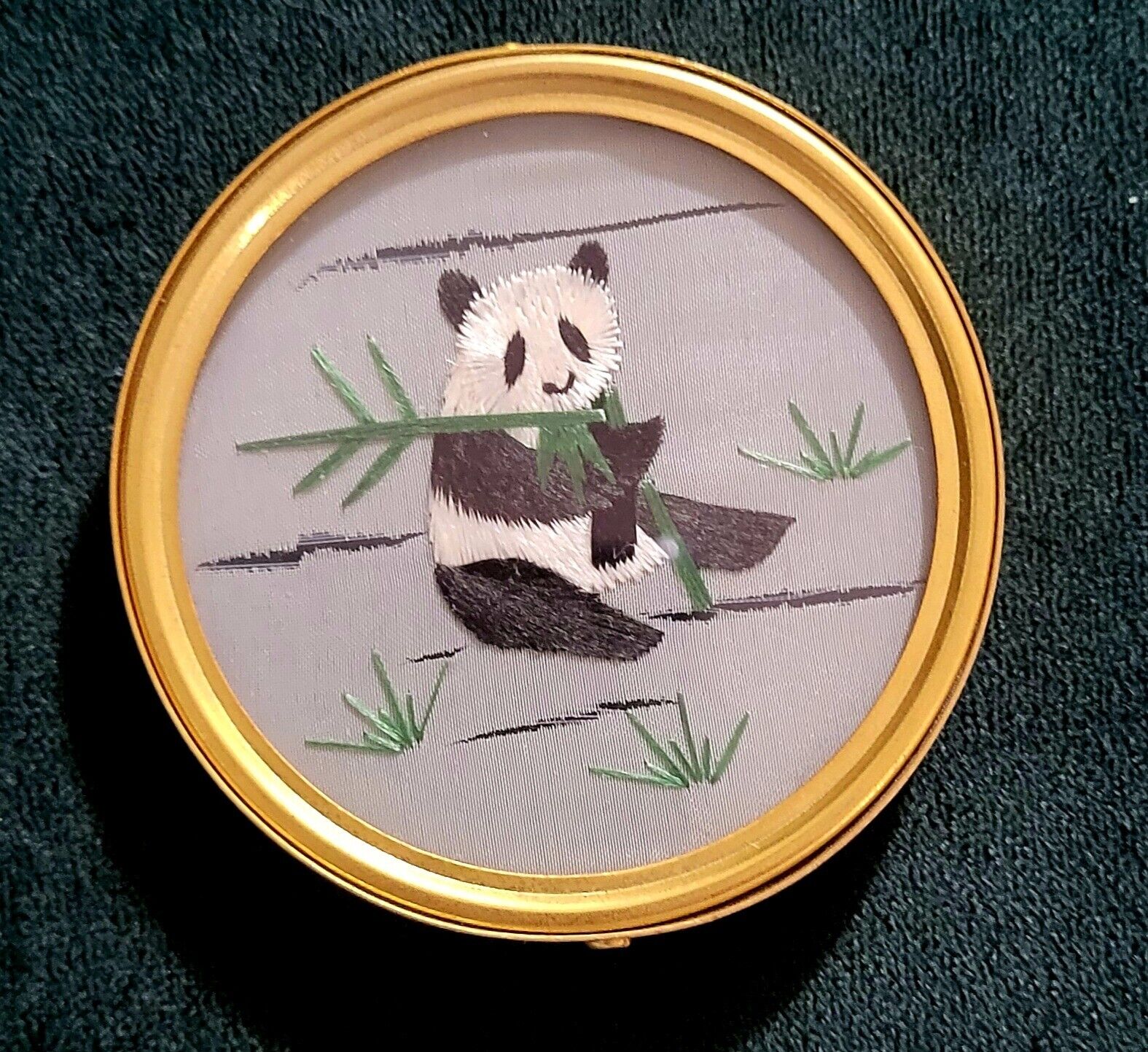 VTG Chinese Handmade Silk Embroidered Panda, Double-sided Between Glass