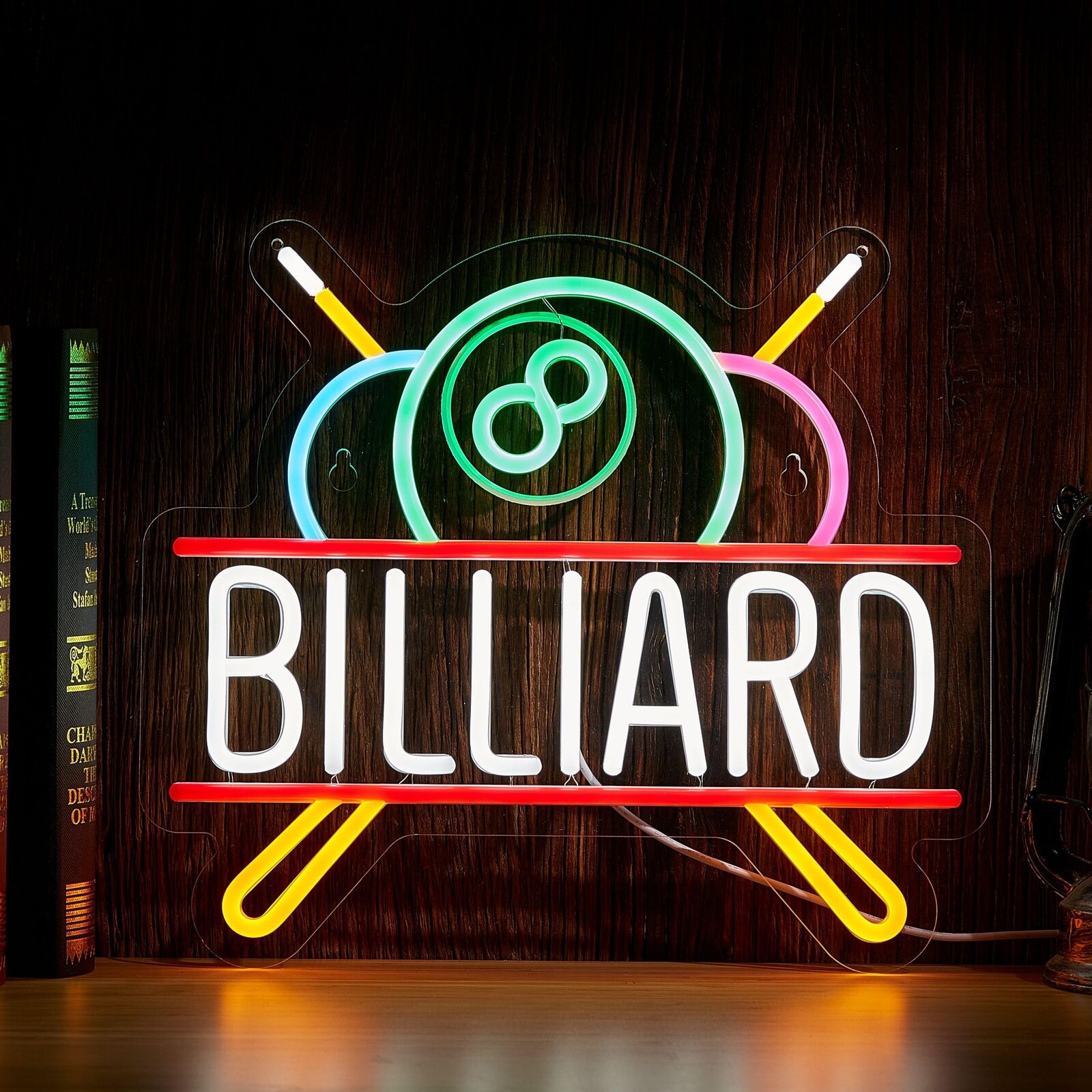 Billiards Neon Sign USB Wall Decor Game Room Pub Bar Billiard White + Red