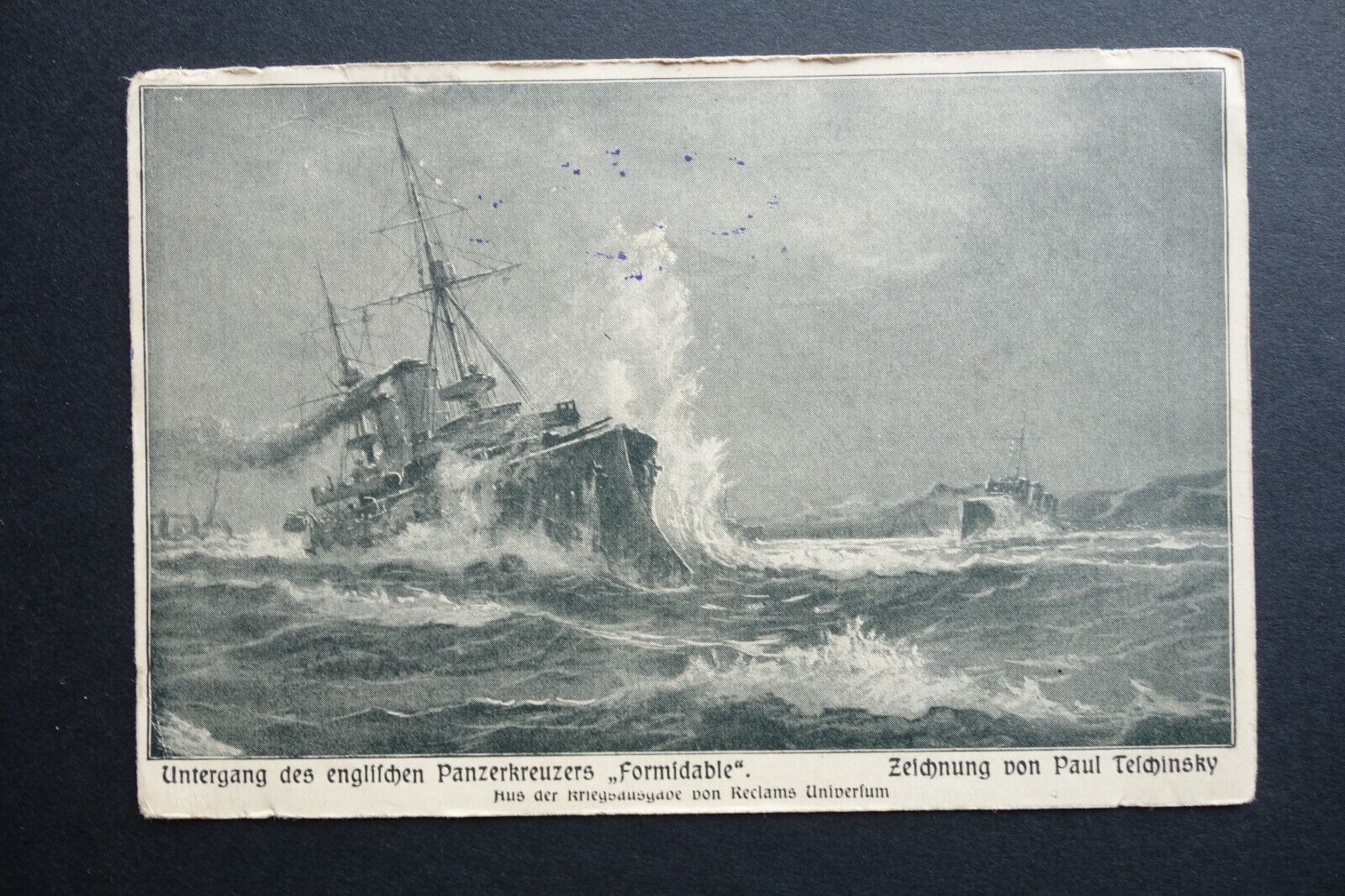 Sinking of armored English cruiser Formidable, art by P Telchinsky Navy pmk 1915