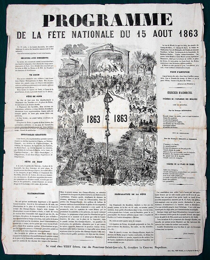 La Fête Nationale du 15 Aout 1863   ORIG Paris France Announcement Broadside
