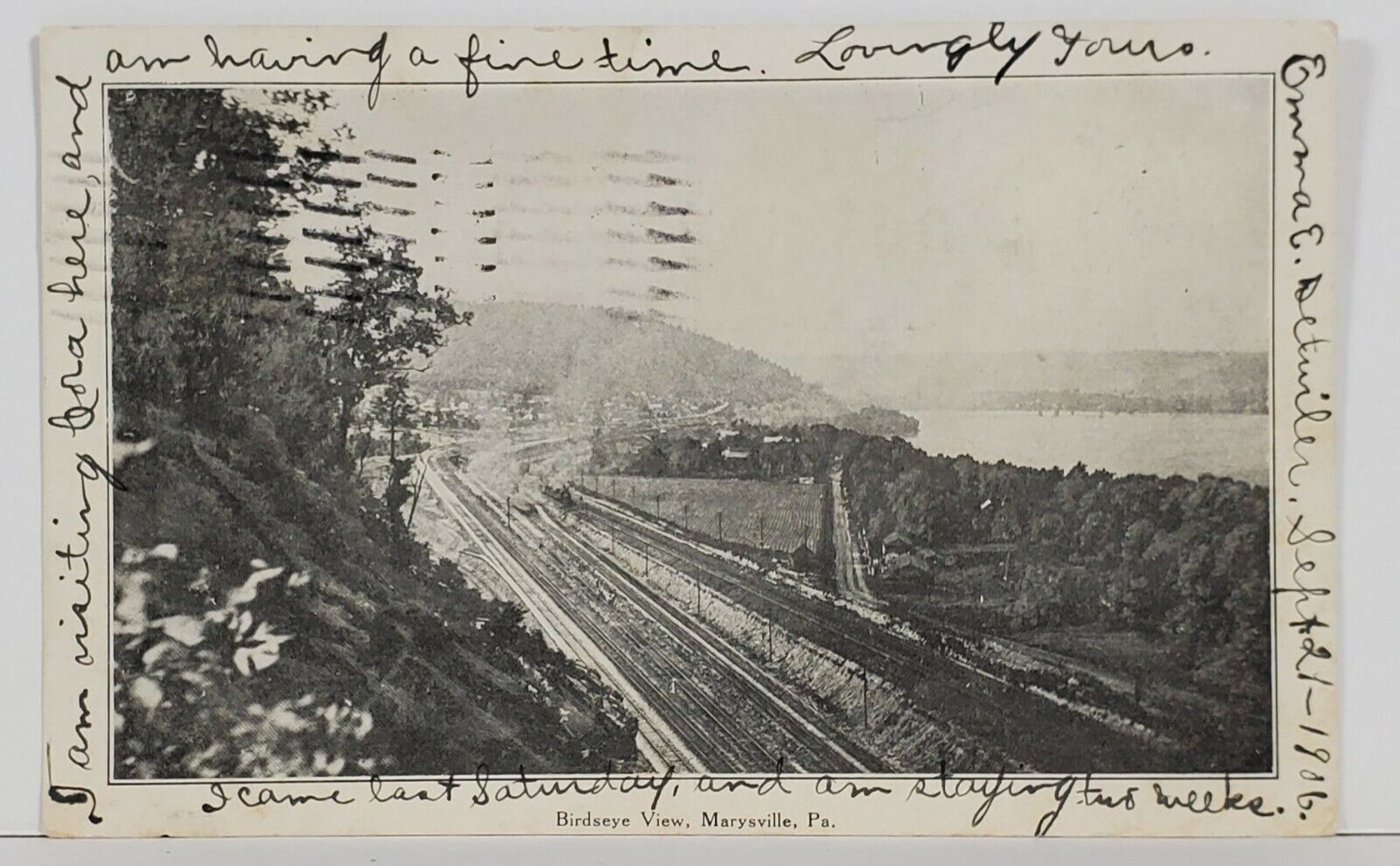 Marysville Pa Birdseye View with Railroad 1906 to Pottstown Postcard N5