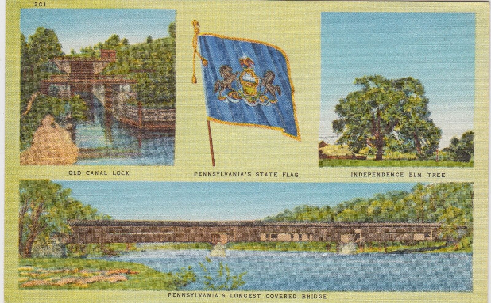 Pennsylvania PA Postcard Schuylkill Canal Lock Eyster\'s Covered Bridge Flag