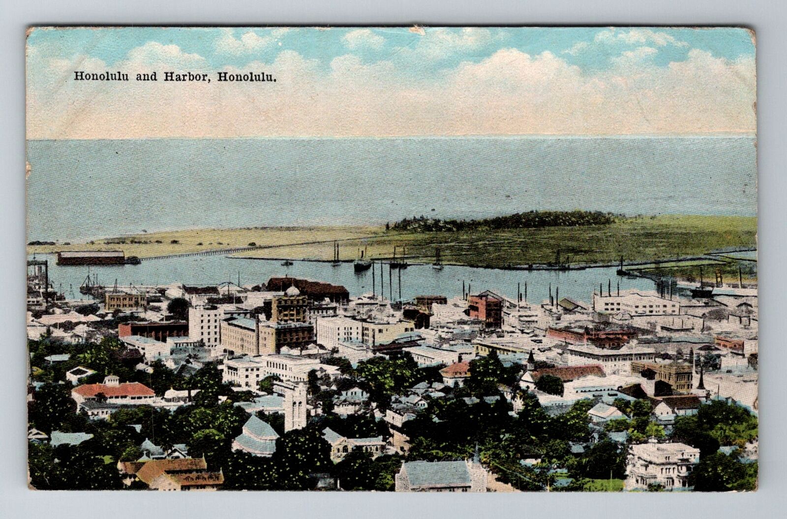Honolulu HI-Hawaii, Aerial Of Harbor And Honolulu, Antique, Vintage Postcard