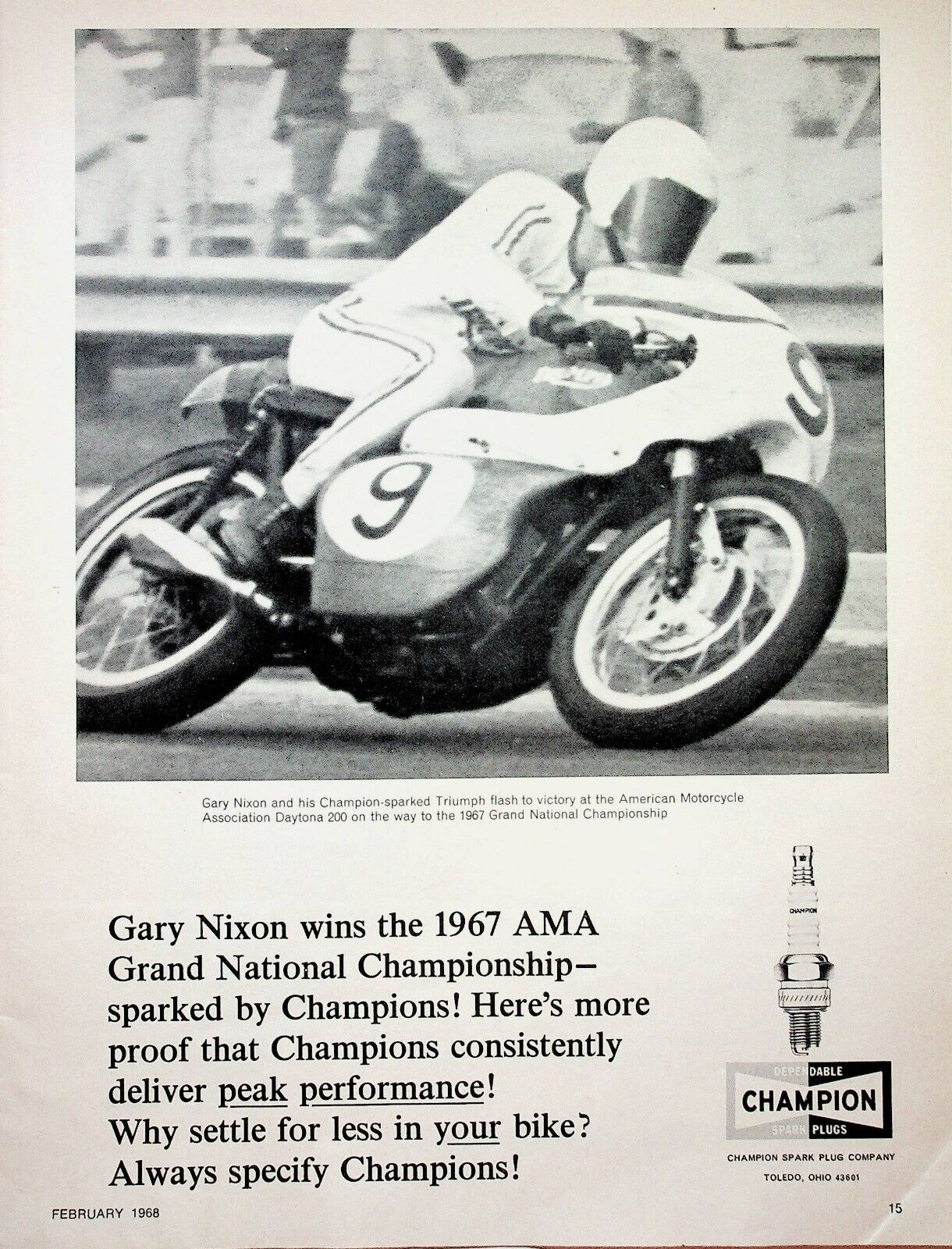 1968 Gary Nixon Champion Spark Plugs - Vintage Motorcycle Ad