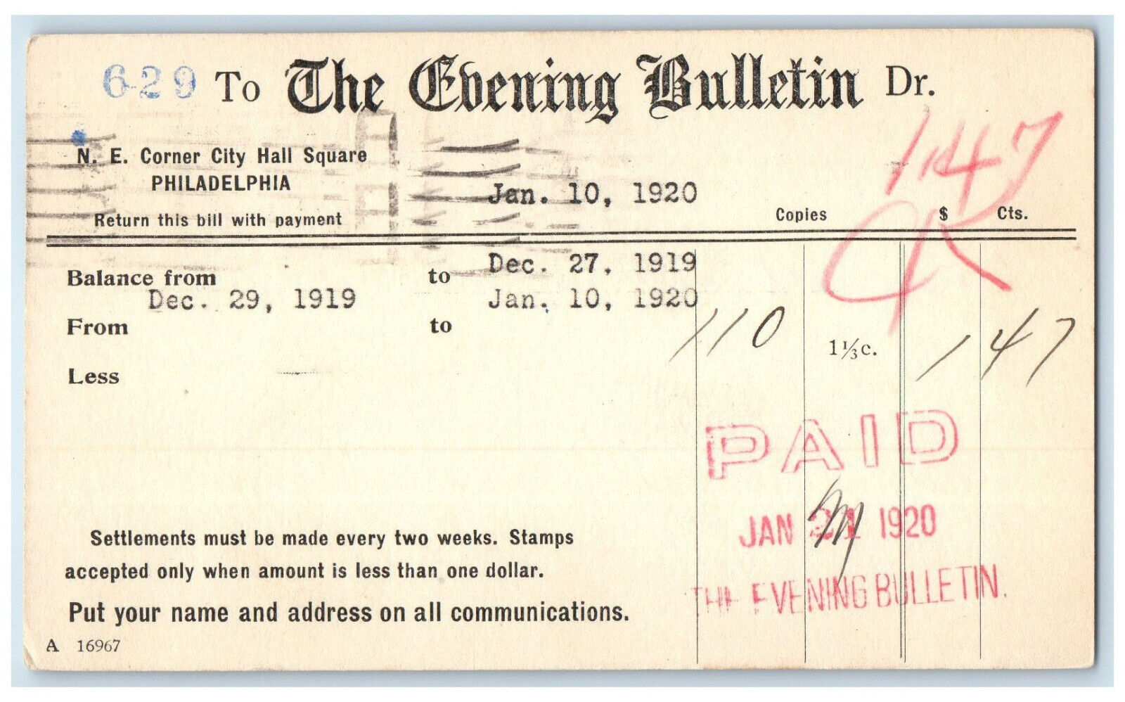 1920 The Evening Bulletin Dr. Philadelphia Pennsylvania PA Posted Postal Card