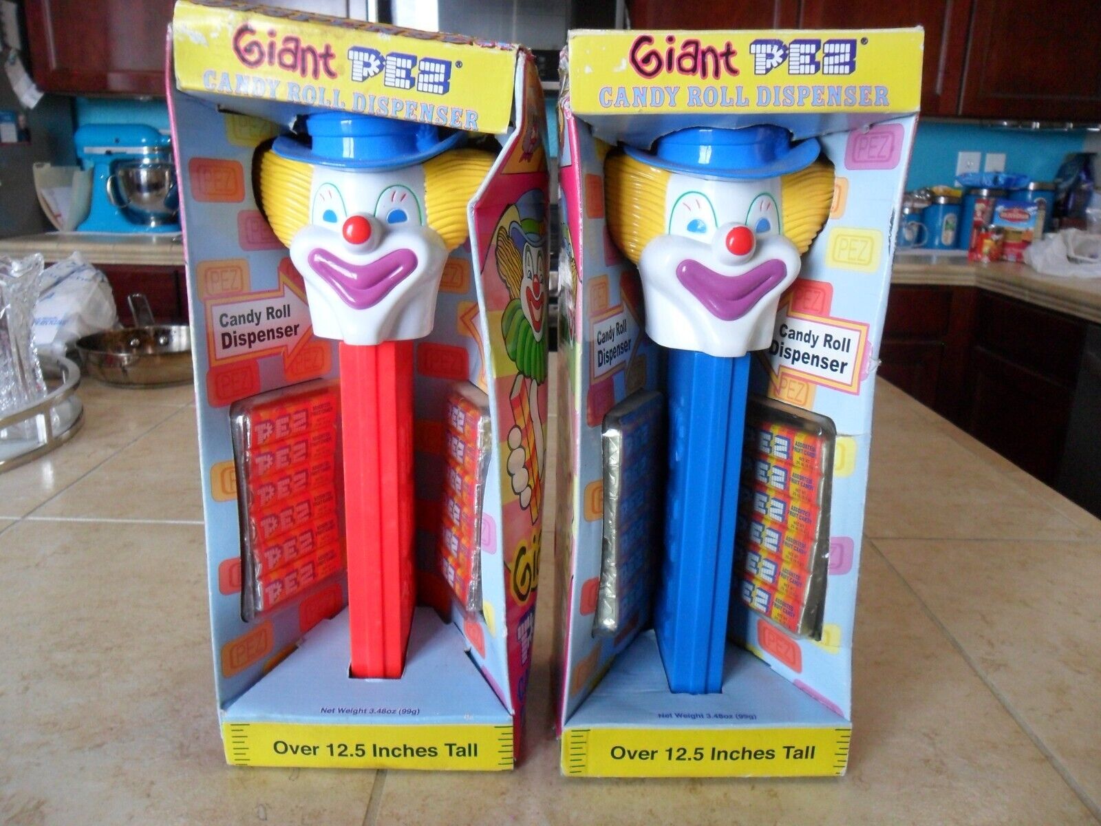 2 GIANT CLOWNS PEZ CANDY ROLL DISPENSERS BLUE&RED BODY IN ORIG BOX W/CANDY 1971?
