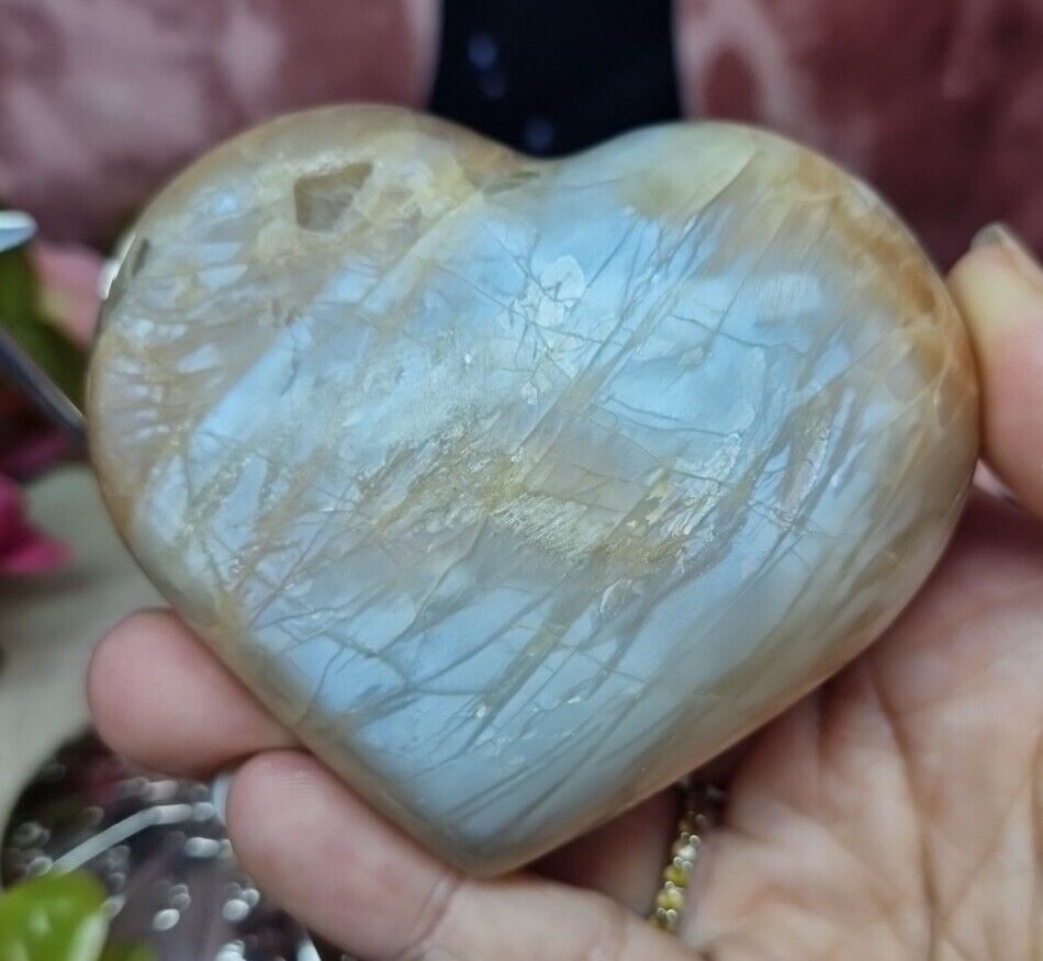 Beautiful Large Flashy Peach Moonstone Crystal Heart Carving 269g 8cm & Stand