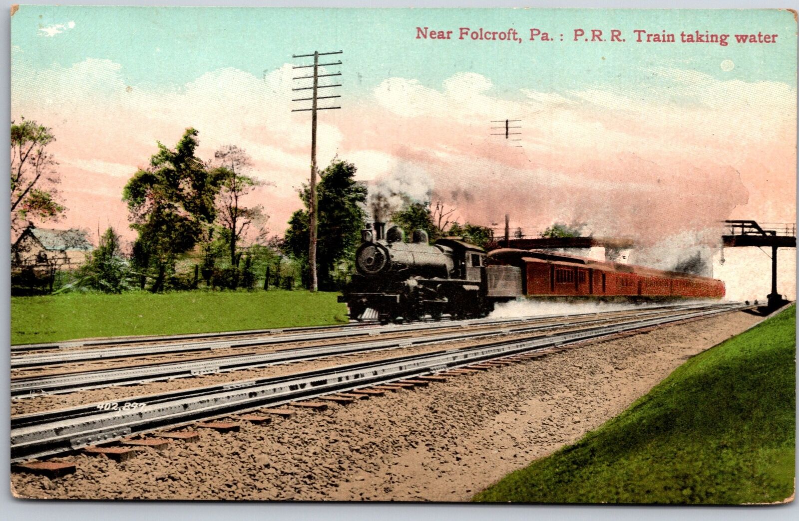 Folcroft Pennsylvania Railroad Train Taking Water~Overpass Bridge Postcard 1909