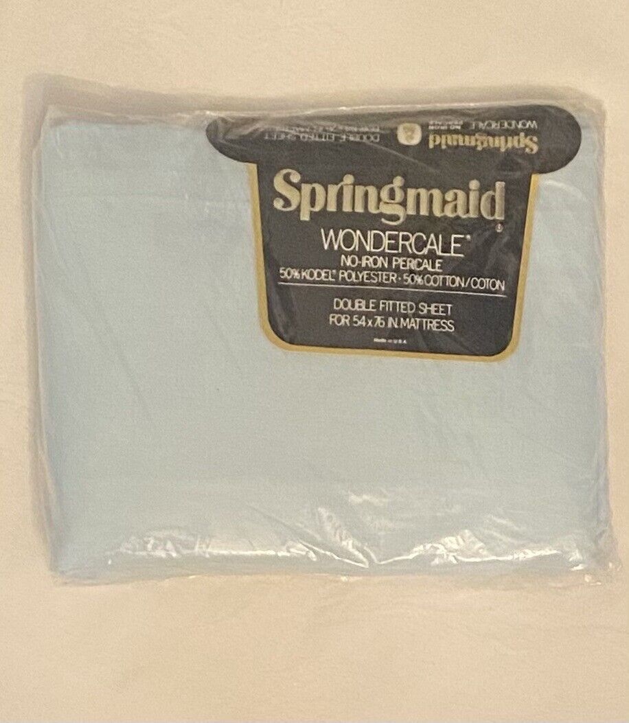 Springmaid Wondercale Blue No Iron Percale 54x76 Double Fitted Sheet New NOS Vtg