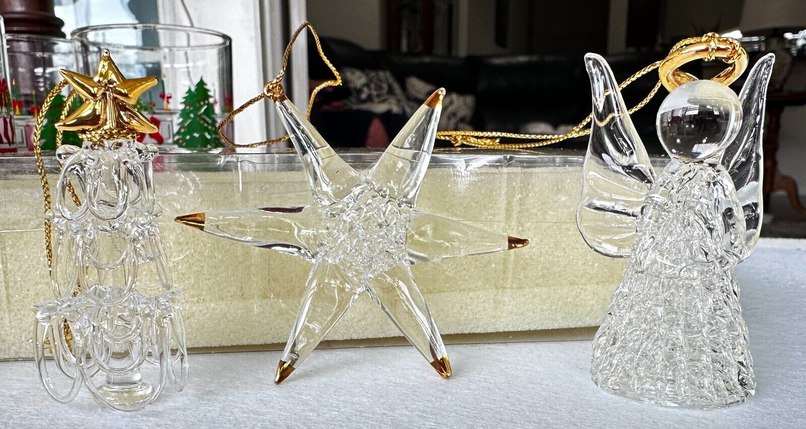 Avon Spun Glass Christmas Ornaments Set of (3) 1998 Angel, Star Snowflake, Tree