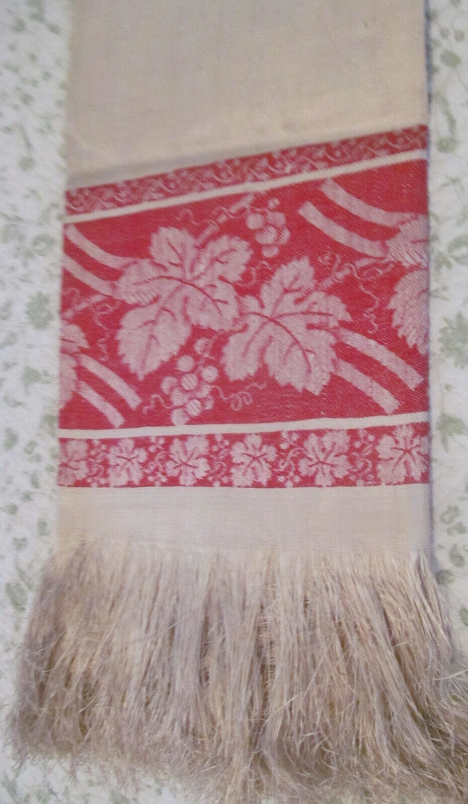 Never Used~Antique Turkey Red Linen Damask Show Towel Long Fringe~40\