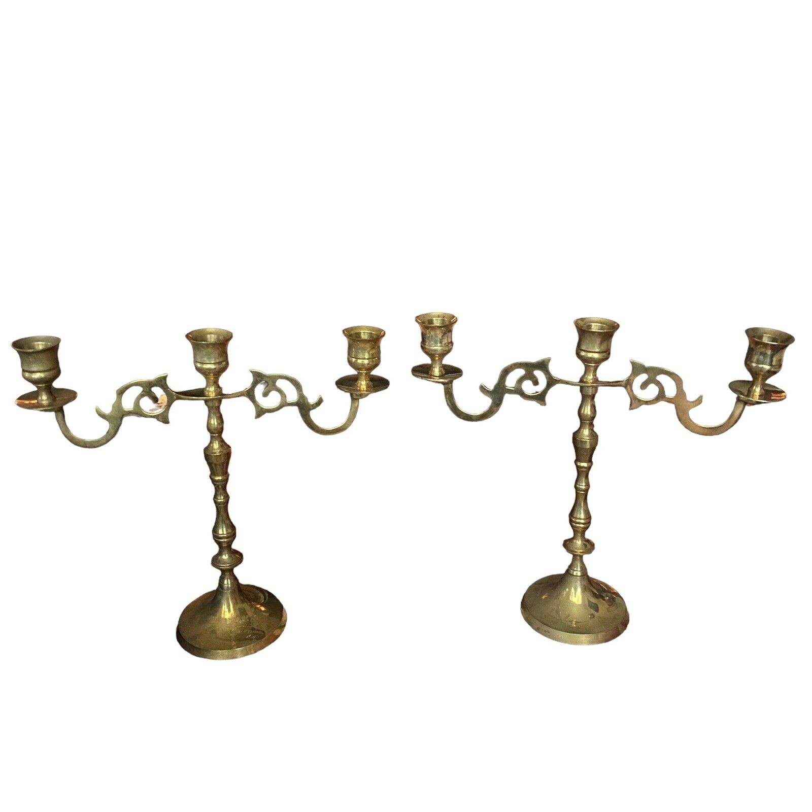Vintage Pair Brass Candelabra Candle Holders Gothic Boho Elegant 3 Pillars