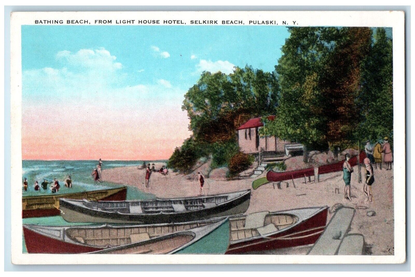 c1930's Bathing Beach From Light House Hotel Selkirk Beach Pulaski NY Postcard